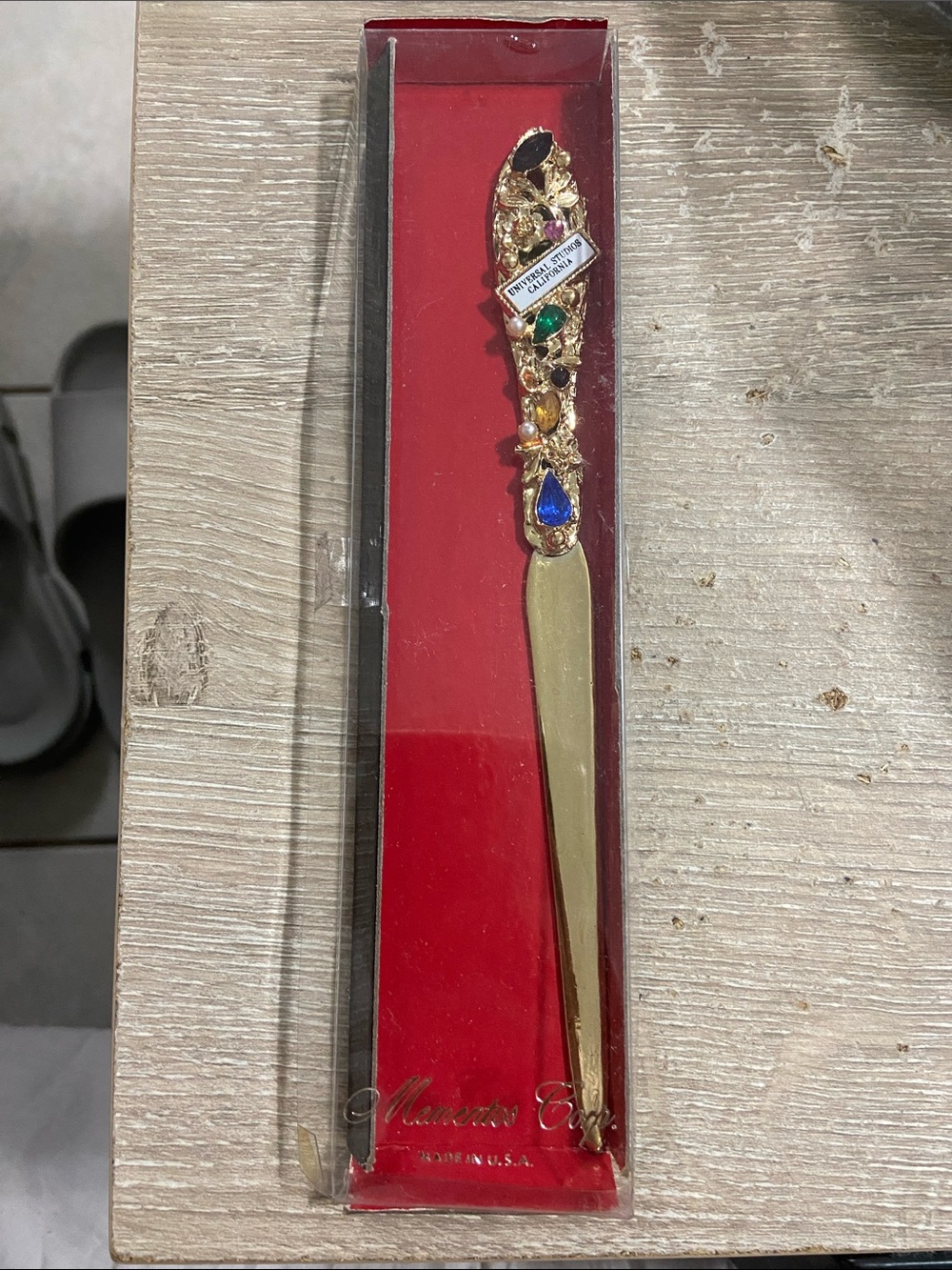 Vintage Ornate Gold-Tone Jeweled Letter Opener with Blue & Green Accents